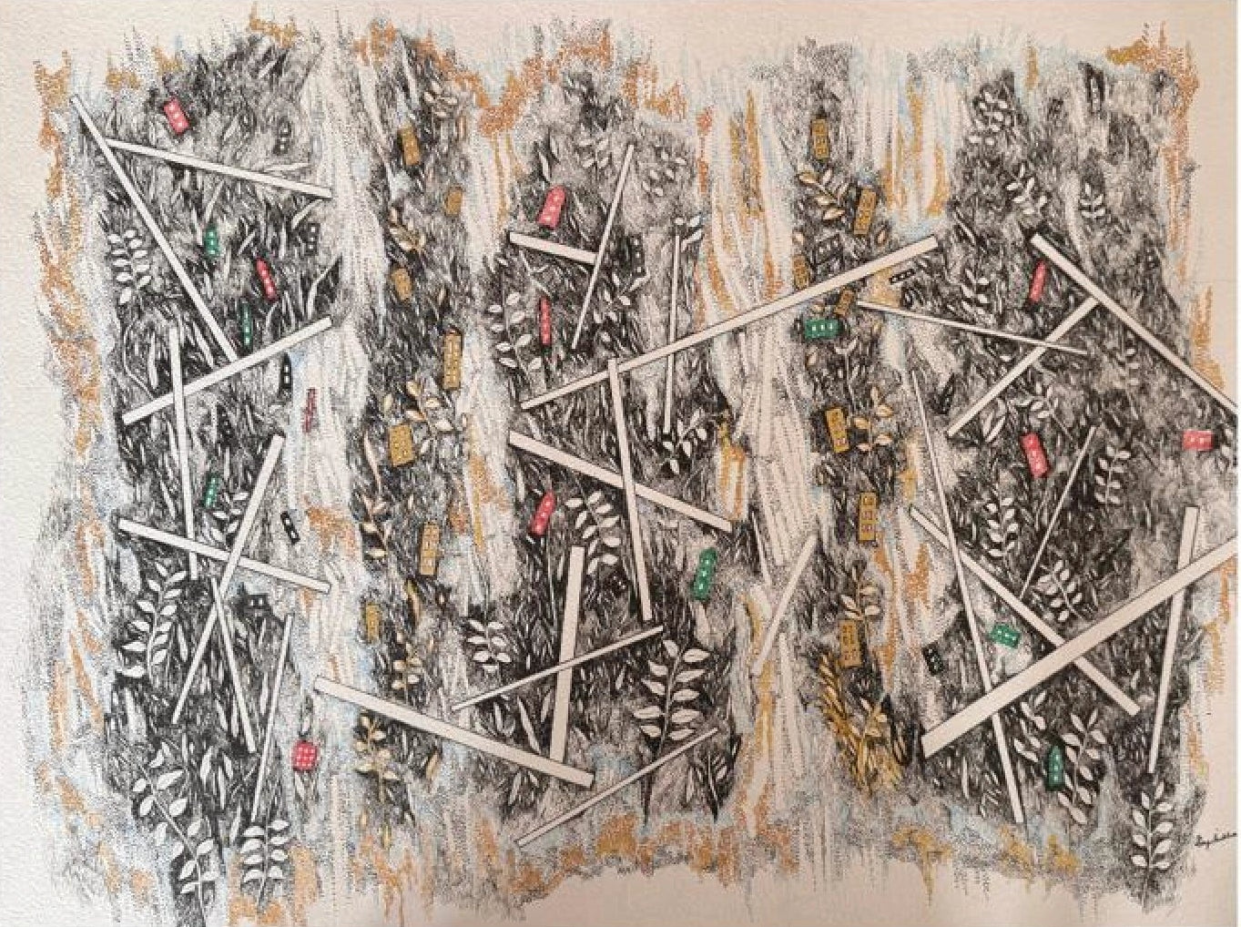 An abstract mixed-media painting featuring textured black, white, and gray brushstrokes with diagonal white lines, gold-brown splatters, and small scattered accents of red, green, and yellow on a beige background.