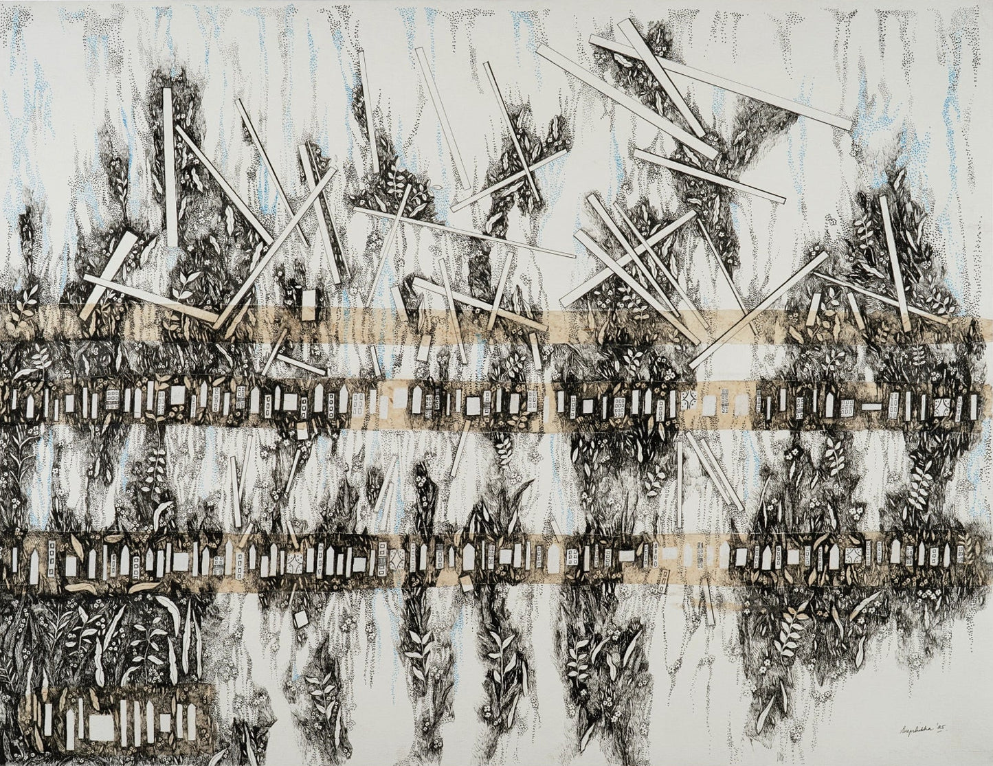 An abstract mixed-media artwork featuring black ink-like scribbles, white geometric line elements, and textured horizontal bands on a light off-white background.