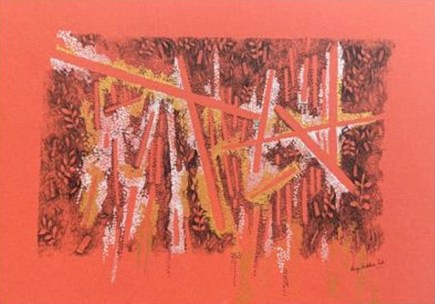 An abstract art print featuring expressive vertical brushstrokes and intersecting diagonal lines in red, orange, brown, yellow, and white on a solid orange-red background.