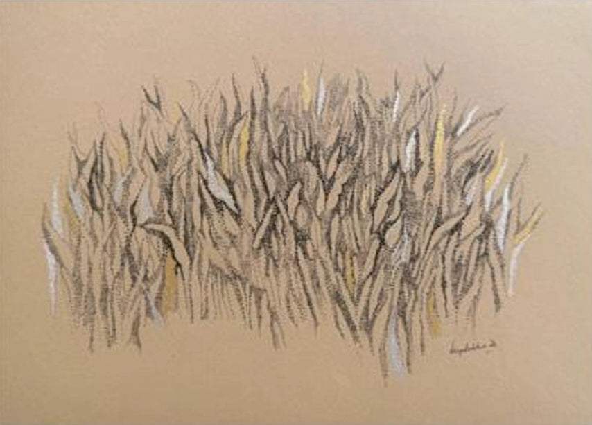 A textured pastel drawing of a dense patch of wheat or grass in shades of beige, brown, gray, and muted yellow on a warm tan background.