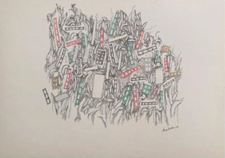 A hand-drawn abstract artwork on beige paper, featuring a dense cluster of sketchy black lines with small red, green, and gray rectangular accents, signed in the lower right corner.